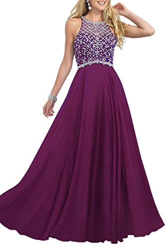 Women's Beaded Long Prom Dresses Long Halter A line Chiffon Evening Gowns