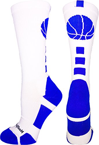 MadSportsStuff Basketball Logo Athletic Crew Socks, Large - White/Royal