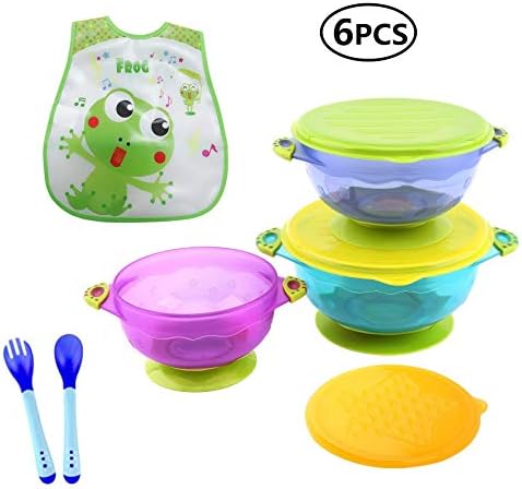 Emwel 3 Size Baby Bowls with Snap Tight Lid, Suction Base and Spoon Fork Baby Bib, Toddler Nonslip Spill-Proof Feeding Training Bowl Dinnerware - BPA Free