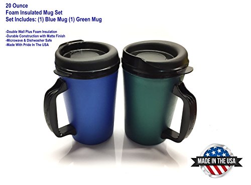 2 ThermoServ Foam Insulated Coffee Mug 20 oz w/Lids (1)Blue & (1) Green
