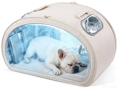 Pecute Casa Refrigerante para Gatos y Perros Pequeños, Caseta Fresca con 6 Cajas de Gel Reutilizables, Alfombrilla Refrigerante, Ventana Transparente Plegable, Tamaño L <8kg para Interior, Beige.