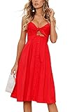 Women's Summer Dresses Tie Front V-Neck Spaghetti Strap Button Down A-Line Backless Swing Midi Dress