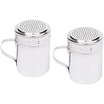 (Set of 2) 10 Ounce Stainless Steel Dredge with Handle, Salt, Pepper, Spice, Sugar Shaker Set