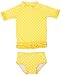 RuffleButts Girls Rash Guard 2-Piece Swimsuit Set - Yellow Polka Dot Bikini with UPF 50+ Sun Protection - 3T