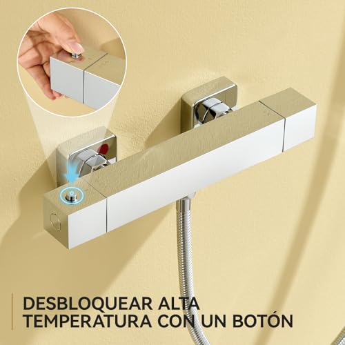 Auralum Grifo Termostático de Ducha, Cuerpo Frío Antiquemaduras con Botón de Seguridad 38°C, Mezclador Termostático de Pared, Cartucho Antical, Centros Ajustables 135-165 mm, Salida G1/2'', Cromo