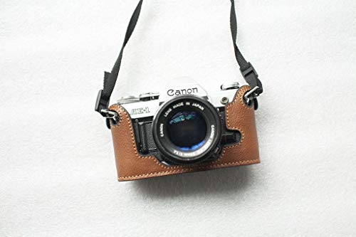 Handmade Genuine Real Leather Half Camera Case Bag Cover for Canon AE-1 Yellow Brown