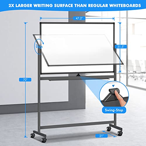Large Rolling White Board Easel on Wheel, Maxtek 48x32 inches Double