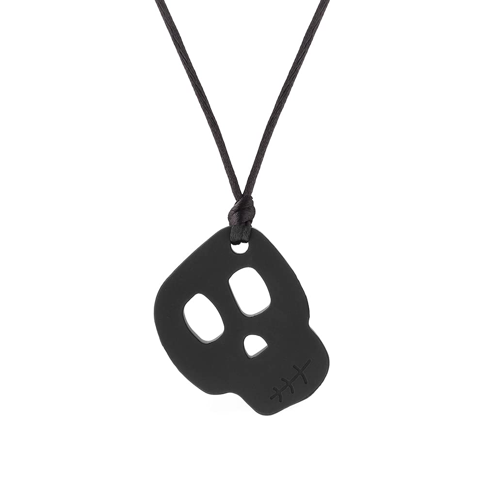 Chewigem Skull Pendant - Black, Textured & Smooth, Discreet, Chewable Necklace & Sensory Chew for Anxiety Reduction & Improved Focus. Perfect for Mild to Moderate Chewers with Sensory Processing Difficulties, Autism, ADHD, and SPD. A Stimulating and Calming Aid for Kids and Adults.