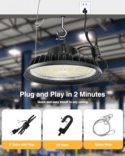 JC-LGL UFO LED High Bay Light 400W 4Pack, High Bay LED Light 1600W MH/HPS Eqv. Dimmable High Bay 6' Cable with US Plug, Hanging Hook, Safe Rope for Warehouse Factory Barn Shop