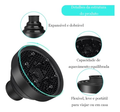 Difusor de Silicone Dobrável Universal para Secador de Cabelo Preto, Portátil e Compacto, Ideal para Viagem, Define Cachos e Distribui o Ar Uniformemente – Qualidade Premium LNSTORE