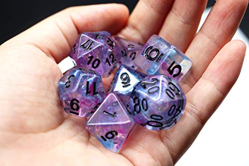 HD Dice DND Dice Set RPG Glitter Dice Fit Dungeons and Dragons D&D Pathfinder MTG Role Playing Games Polyhedral Dice Transparent Dice with Purple & Blue Swirls