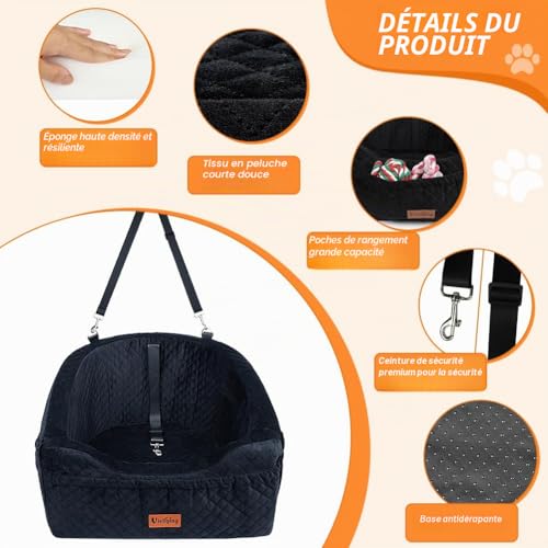 Vivifying Car Seat for Small Dogs, Removable and Washable Booster Seat for Pets up to 10 kg - Travel Bed with Storage Compartments and Seat Belt (Black)