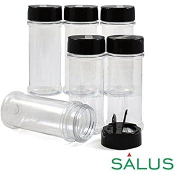 SALUSWARE - 6 PACK - 5.5 Oz with Black Cap - Plastic Spice Jars Bottles Containers - Perfect for Storing Spice, Herbs and Powders - Lined Cap - Safe Plastic - PET - BPA free - Made in the USA...