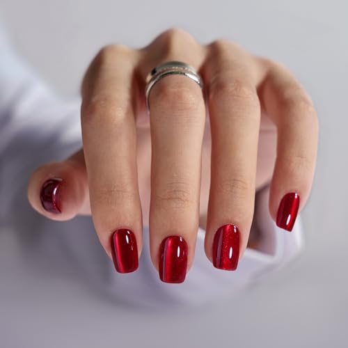 BTArtbox Press On Nails Red - Cat Eye Press On Nails Square for Gifts,Cherry Short Stick On Nails with Glue, Glossy Reusable Nail Tips in 15 Sizes - 30 Soft Gel Fake Nails Kit, Hot Love