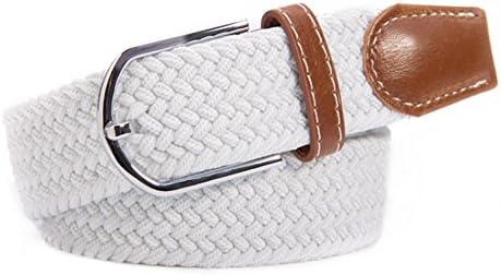RevoLity Mens Elastic Fabric Woven Braided Stretch Webbed Belt with PU Leather Buckle Length 105cm (White)