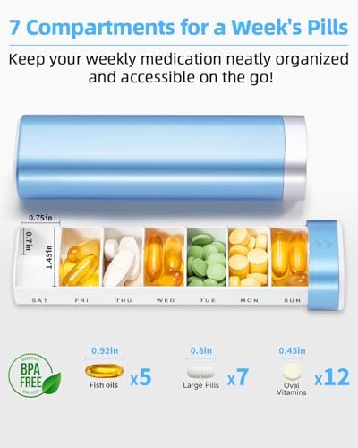 Pilulier hebdomadaire 7 jours - Pilulier de voyage - Joli pilulier pour contenir des vitamines, des médicaments, des suppléments, des pilules (bleu)