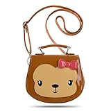 Ava & Kings' Toddler Girl Purse Glossy PU Faux Leather Cute Animal Small Handbags - Adjustable Strap for Crossbody Bag, Shoulder and Top Handle - Brown Monkey