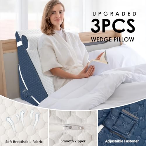 Bed Wedge Pillow for Sleeping, Adjustable 7 &12 Inch Foam Wedge Pillow for Post Surgery, Elevated Triangle Pillow for Acid Reflux, Back Pain Relief, Leg Support，3pack