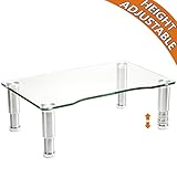 Clear Tempered Glass Computer Monitor Riser with Height Adjustable Multi Media Desktop Stand for Flat Screen LCD LED TV, Laptop/Notebook/Xbox One,HD01T-002