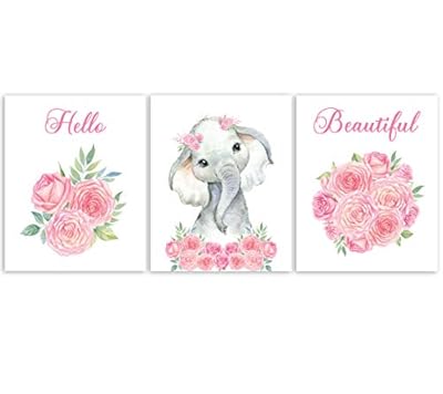 Nursery Decor - Safari Elephant Bedroom Wall Art Decor for Nursery | Decorative & Easy to Frame Printed Pictures 8x10-inch | 3 - (UNFRAMED) Prints | Sweet Elephant Baby Girl Nursery or Girl's Bedroom