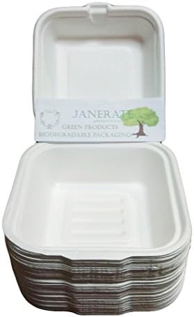 Janerate 25 Count Best Biodegradable Sugar Cane Box 6 X 6 X 3.5 Inch Disposable Lunch Boxes Hamburger Container
