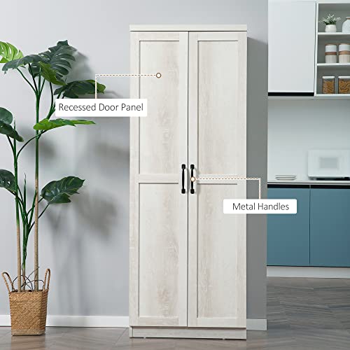 HOMCOM 63" Kitchen Pantry Cabinet with Shaker Doors, Modern Freestanding Tall Buffet Storage Cabinet with Adjustable Shelves, Distressed White