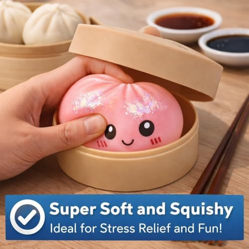SLEEPHEAD®Dumpling Squishy Mystery Box Stress Relief Toy | Colorful Reusable Squeeze Balls with Steamer, Soft Rebound Fidget Toy for Kids & Adults, Home Office Gift (PINK)