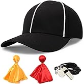 4Pcs Referee Hat Adjustable Official White Stripes Referee Cap,Stainless Steel Whistle and Yellow & Red Penalty Flag Ref Gear Accessories Great for Football Rugby Umpire Judges & Linesman Uniforms