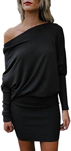 DUBACH Womens One Shoulder Batwing Sleeve Mini Dress
