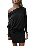 DUBACH Womens One Shoulder Batwing Sleeve Mini Dress
