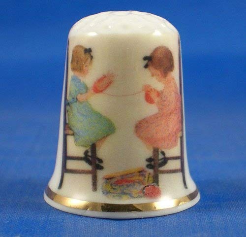 Porcelain China Collectable Thimble - Winding up Knitting Wool - Free Gift Box