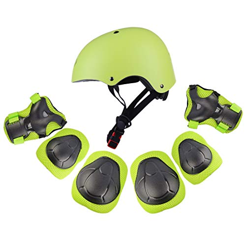 7Pcs Kids Sports Safety Protective Gear Set, RuiyiF Elbow Pad Knee Support Wrist Guard and Helmet for Children Skateboard Skating Blading Cycling Riding - Green - Thumbnail 7