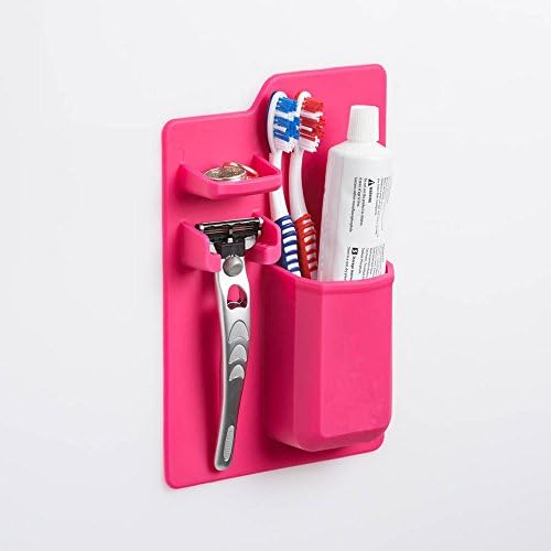 No Screws Wall Mount Toothbrush Holder Combines a Razor Holder, Jewellery Dish and Compact Shower Caddy All-in-one. (Pink)