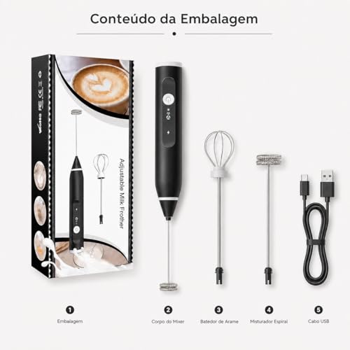 Mixer Recarregável USB Portátil Elétrico, batedor misturador para cozinha e escritório, prepare shake, vitamina e café em segundos, uso fácil, bateria interna de longa duração sem fio com 3 Acessórios