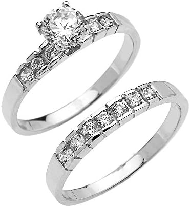 10k White Gold Channel Set Round 1.5 Carat Total Weight CZ Engagement Wedding Ring Set