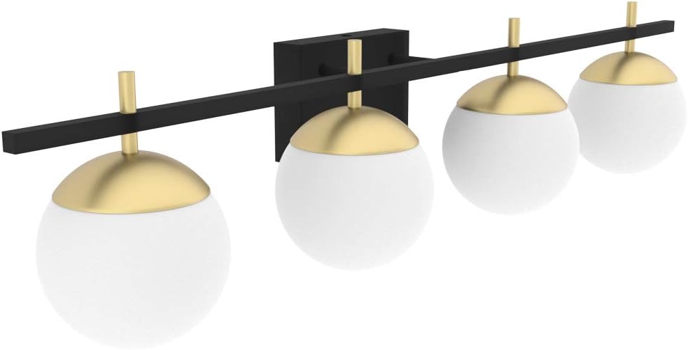 Ralbay Mid Century Modern Wall Light Fixture 4-Light Milky Glass Modern Bathroom Vanity Lights Over Mirror, Black/Golden Modern Vanity Light for Bathroom (Exclude Bulb) - - 