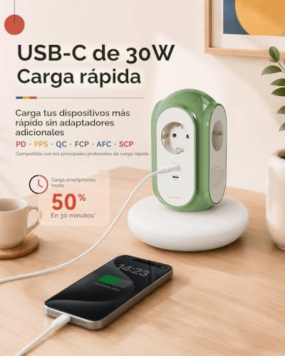 Régua de energia da torre com 3 tomadas AC e 2 USB-C (carga rápida 30W), 3680W/16A, proteção contra surtos 1420J, cabo de extensão de 2 m, proteção Overca (cinzento basalto)