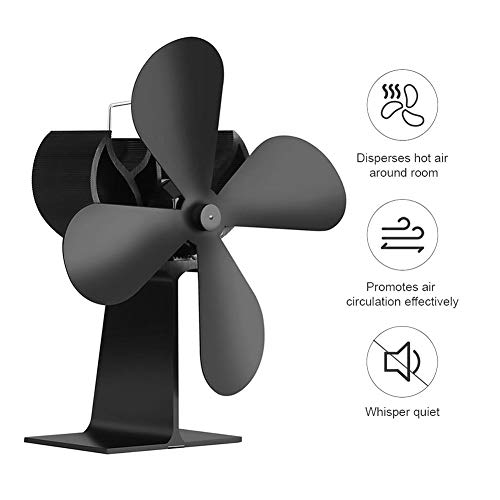 Fovolat 4 Blades Black Wood Stove Fan Heat Powered Fireplace Fan - Ultra Quiet - Efficient Heat Distribution and Save Fuel Cost - 1pcs