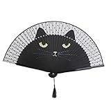 ROSENICE Folding Fan Summer Cute Cat Silk Bamboo Hand Painted Cartoon Fan (Black)