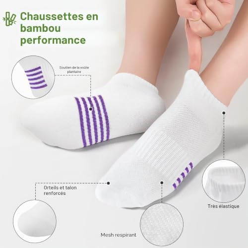 Chaussettes Basses en Bambou Femme 6/12 Paires, Chaussettes de Sport Running Respirantes et Rembourrées, Socquettes Courte Colorées et Anti Transpiration, Cadeaux Femme Ete