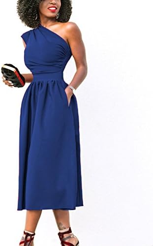 Linnakary Women's Sexy One Off Shoulder Sleeveless Midi Cocktail Party Dress with Pocket Blue Medium