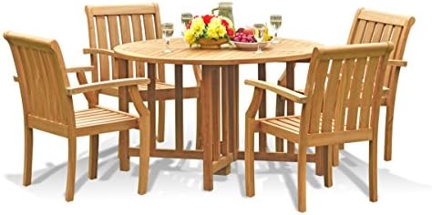 New 5 Pc Luxurious Grade-A Teak Wood Outdoor Dining Set - 48" Round Butterfly Folding Table And 4 Somerset Captain / Arm Chairs #WHDSSSh