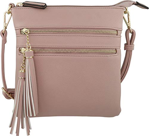 Vegan Mini Multi-Zipper Crossbody Handbag Purse with Tassel Accents with RFID Protection (Blush RF)