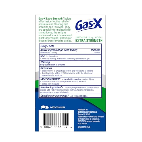 GAS-X EXTRA STRENGTH CHEWABLE GAS RELIEF TABLETS WITH SIMETHICONE 125 MG FOR BLOATING RELIEF, CHERRY – 72 COUNT