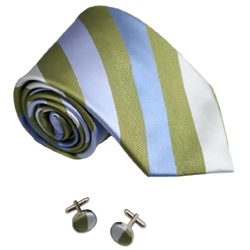 8061 Green Blue Striped Designer Gift For Holidays Silk Ties Cufflinks Set By Y&G