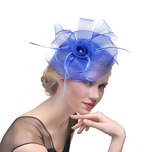 Dressffe Fascinators Hat Flower Mesh Ribbons Feathers Headband Cocktail Party Headwear for Girls and Women (Dark Blue)