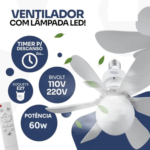 Ventilador com Lâmpada LED Bivolt 60W E27 com Controle Remoto – Silencioso, 3 Velocidades, Luz Fria/Neutra/Quente, Instalação Fácil no Bocal