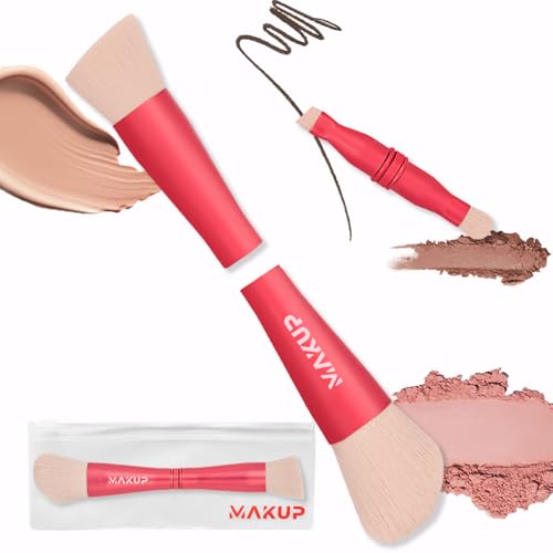 MAKUP JetSetter 4 in 1 Travel Makeup Brush - All in One Set includes Kabuki Liquid Foundation, Blush, Contour, Eyeshadow & Angeled Brush for Brow and Eyeliner. Luxurious, Ultra Soft, Vegan Bristles.