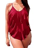 Zando Womens Retro Tiered Flounce Swimsuit One Piece Plus Size Swimwear Tummy Control Tankini Top Bathing Suit
