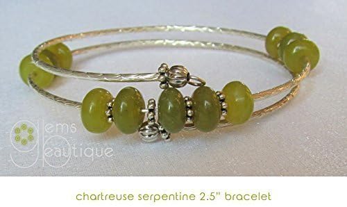 GemsBeautique Chartreuse Serpentine Silver Double 2.5" Bangle Bracelet. Genuine Gemstone. Christmas Friendship Bracelet GIFT.